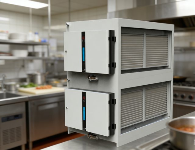 Drive-Through and Quick Service Restaurant Kitchen Exhaust: Kitchen Electrostatic Precipitator, Centrifugal Fan & Odor Removal Tower for Fryer Banks, Griddles, and the Pickup Lane